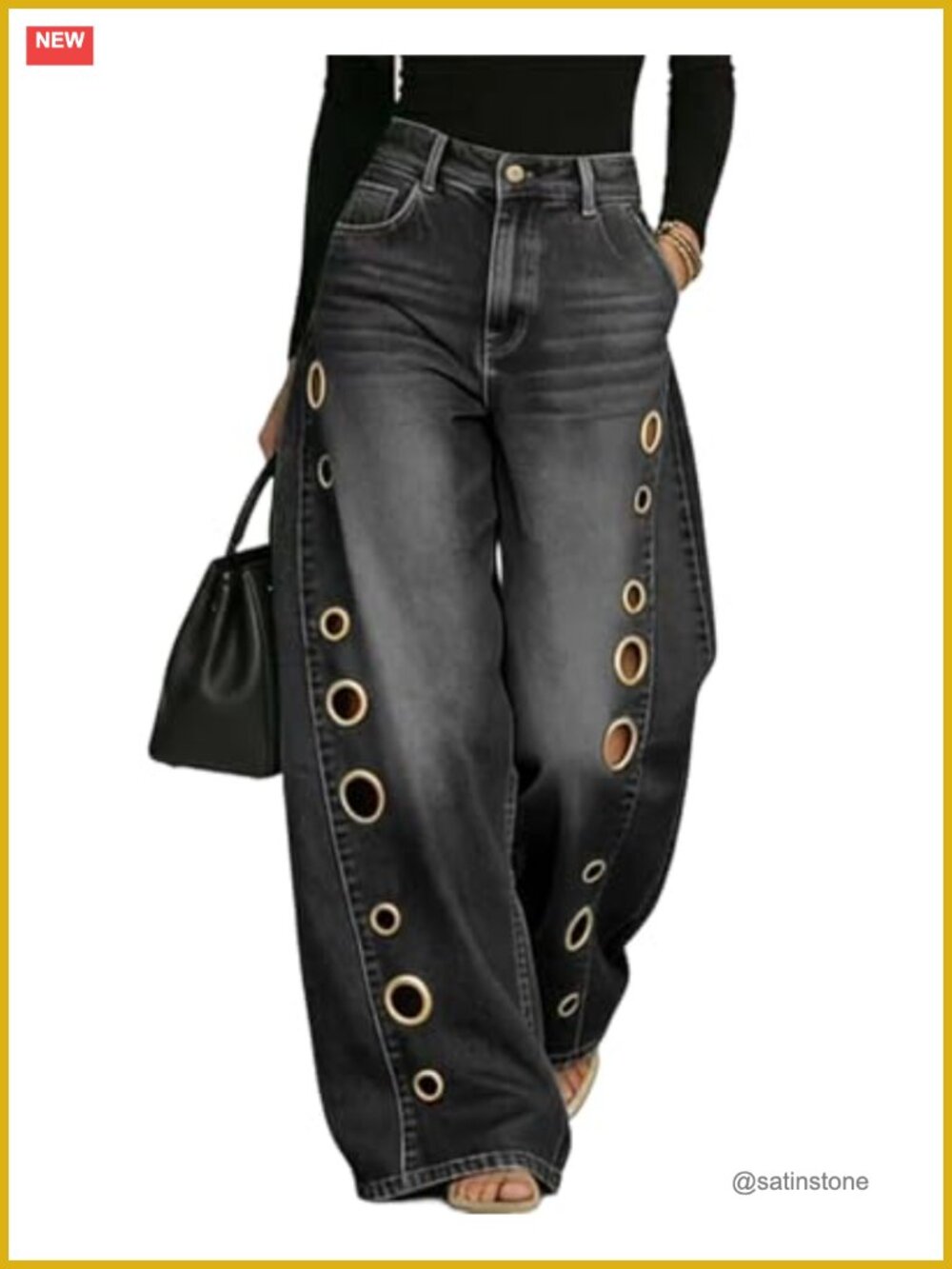 High Waisted Wide Leg Jeans with Grommet Eyelet Cutout Baggy Denim Pants Y2K